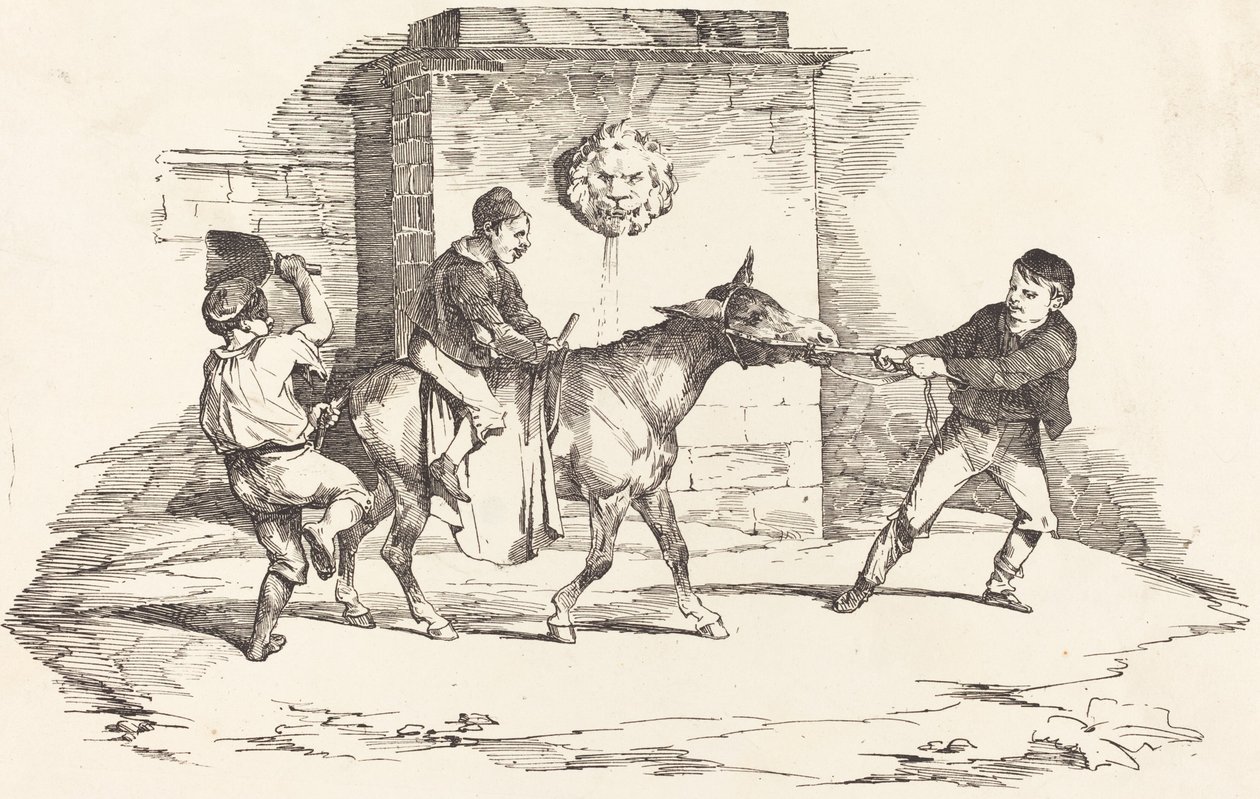 Três crianças brincando com um burro de Théodore Gericault and Nicolas Toussaint Charlet