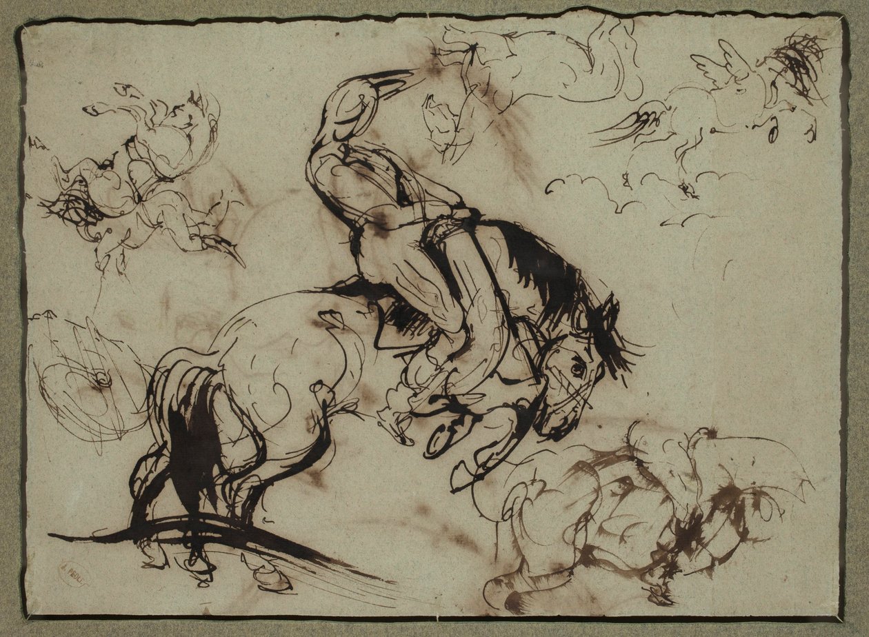 Atribuído a Théodore Géricault - Cavalos e cavaleiros, século XIX de Theodore Gericault