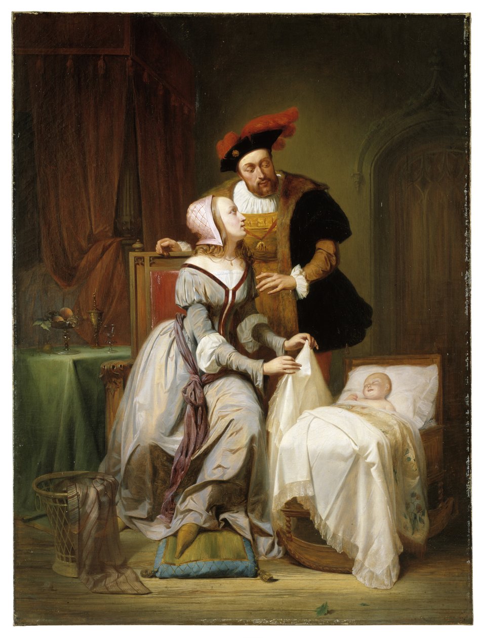 O Imperador Carlos e a sua amante Johanna Van der Gheynst no berço da sua filha Margarida de Theodore Joseph Canneel