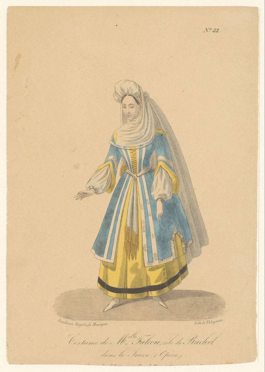 Cornélie Falcon no papel de Rachel na ópera La Juive
Fantasia de Melle. Falcon, rôle de Rachel dans la Juive (Opèra) (título sobre o objecto)
Actores, actrizes e cantores de ópera nos seus papéis (título da série) de Théodore Lejeune
