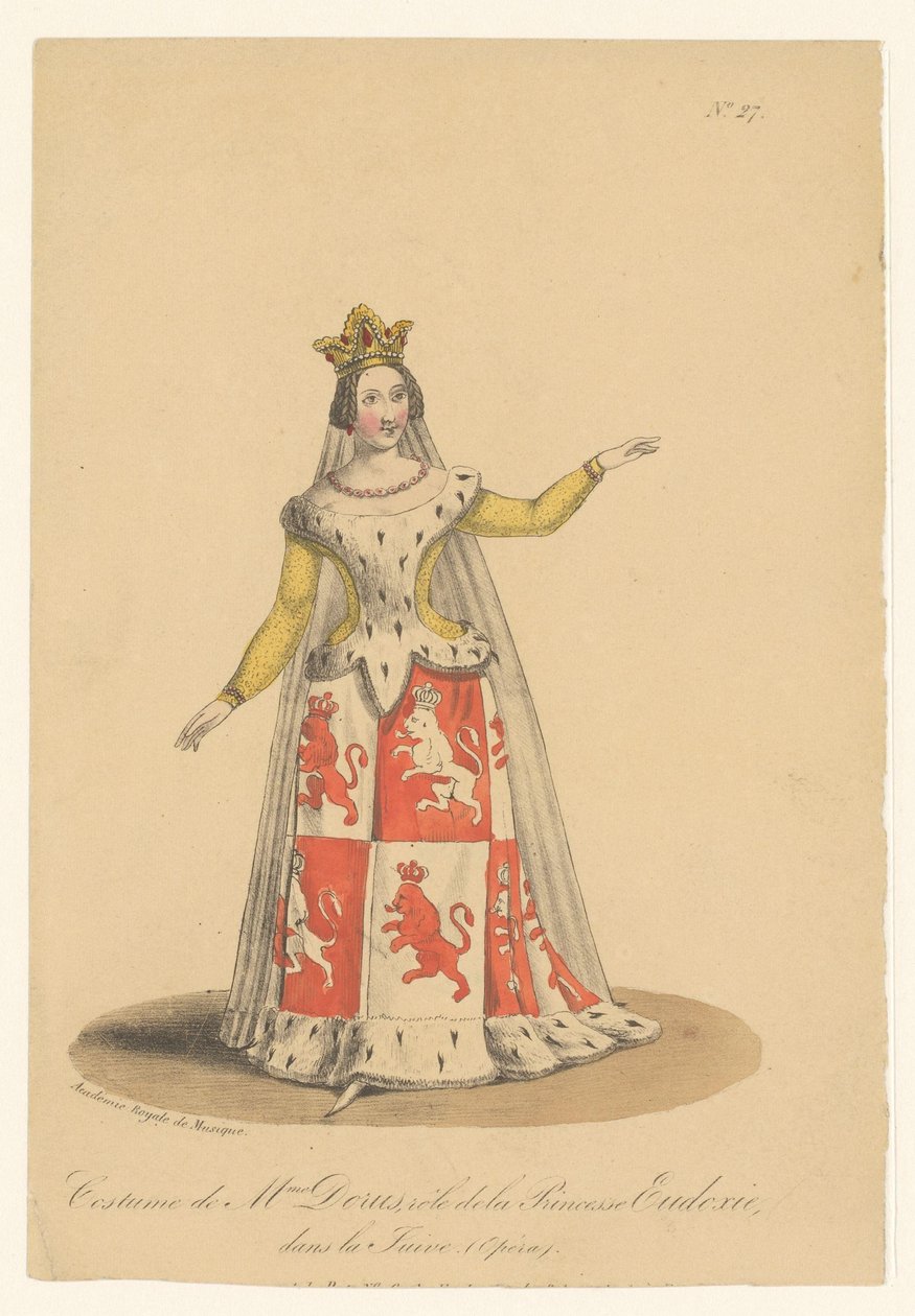 Julie Dorus-Gras in de rol van prinses Eudoxie in de opera La Juive
Traje de Mme Dorus, papel da Princesa Eudoxie, em La Juive (Ópera) (título sobre o objecto)
Actores, actrizes em operazangers em hun roll (título da série) de Théodore Lejeune