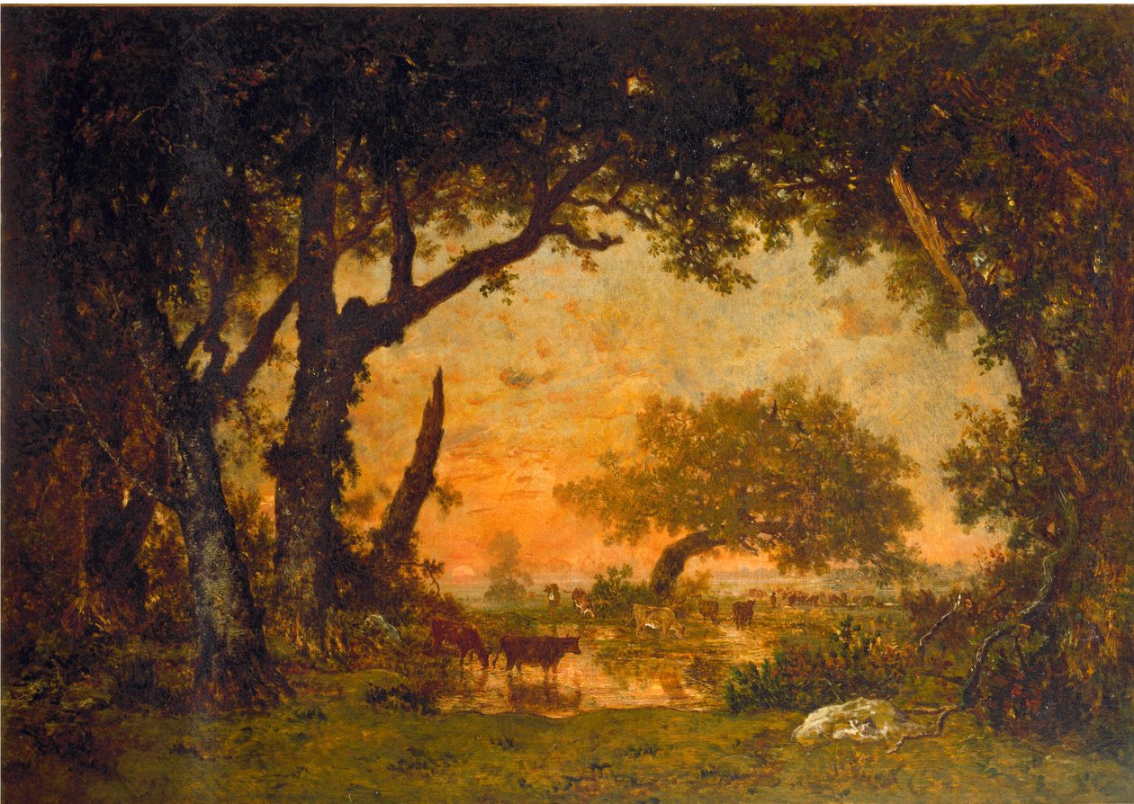 Saída da floresta em Fontainebleau, pôr-do-sol (óleo sobre tela de Pierre Etienne Theodore Rousseau