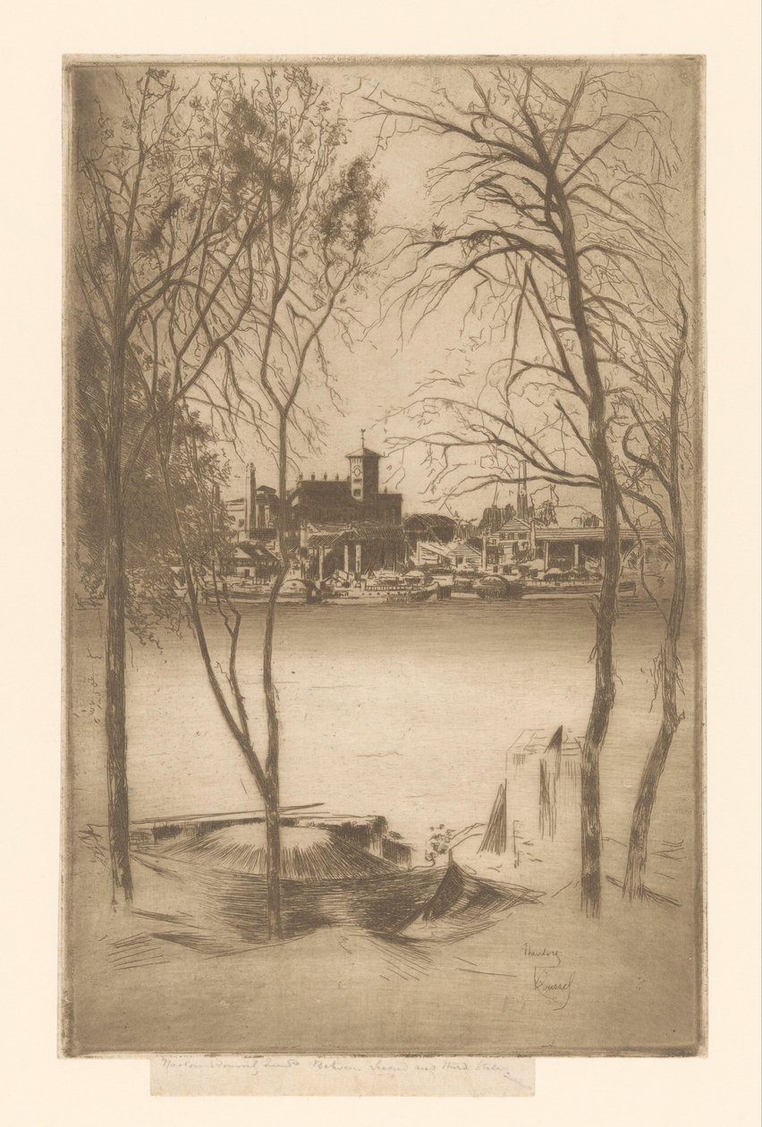 Vista de um rio com porto e indústria Laburnums e Battersea de Théodore Roussel (signed by artist)