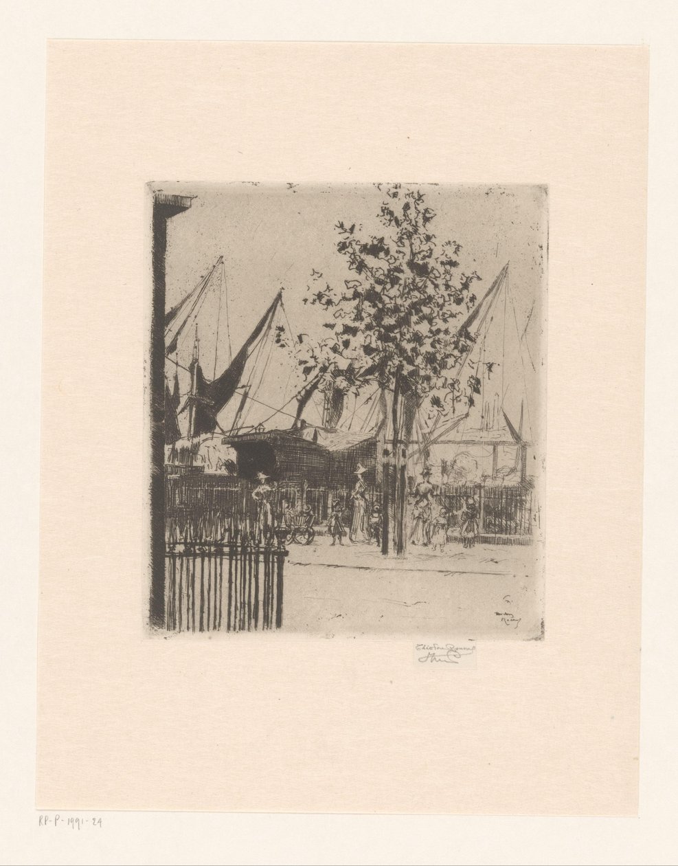 Vista de rua com figuras em um porto A esquina da Luna Street, Chelsea Embankment de Théodore Roussel (signed by artist)
