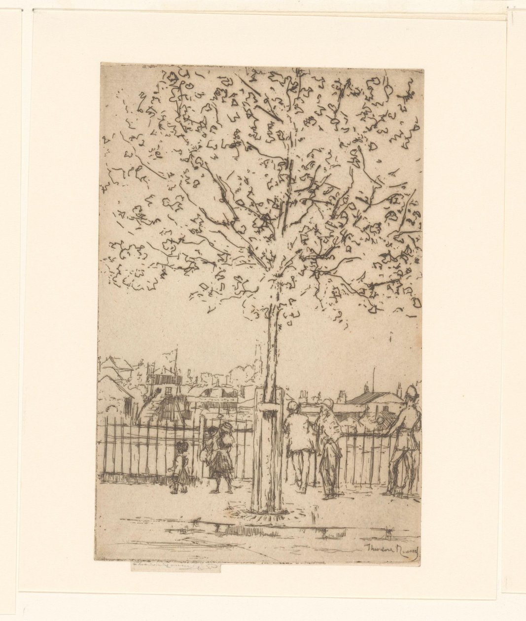 Seis figuras em uma cerca ao longo de um rio, em primeiro plano uma árvore Chelsea Embankment, junho, 17h, 1889 de Théodore Roussel (signed by artist)
