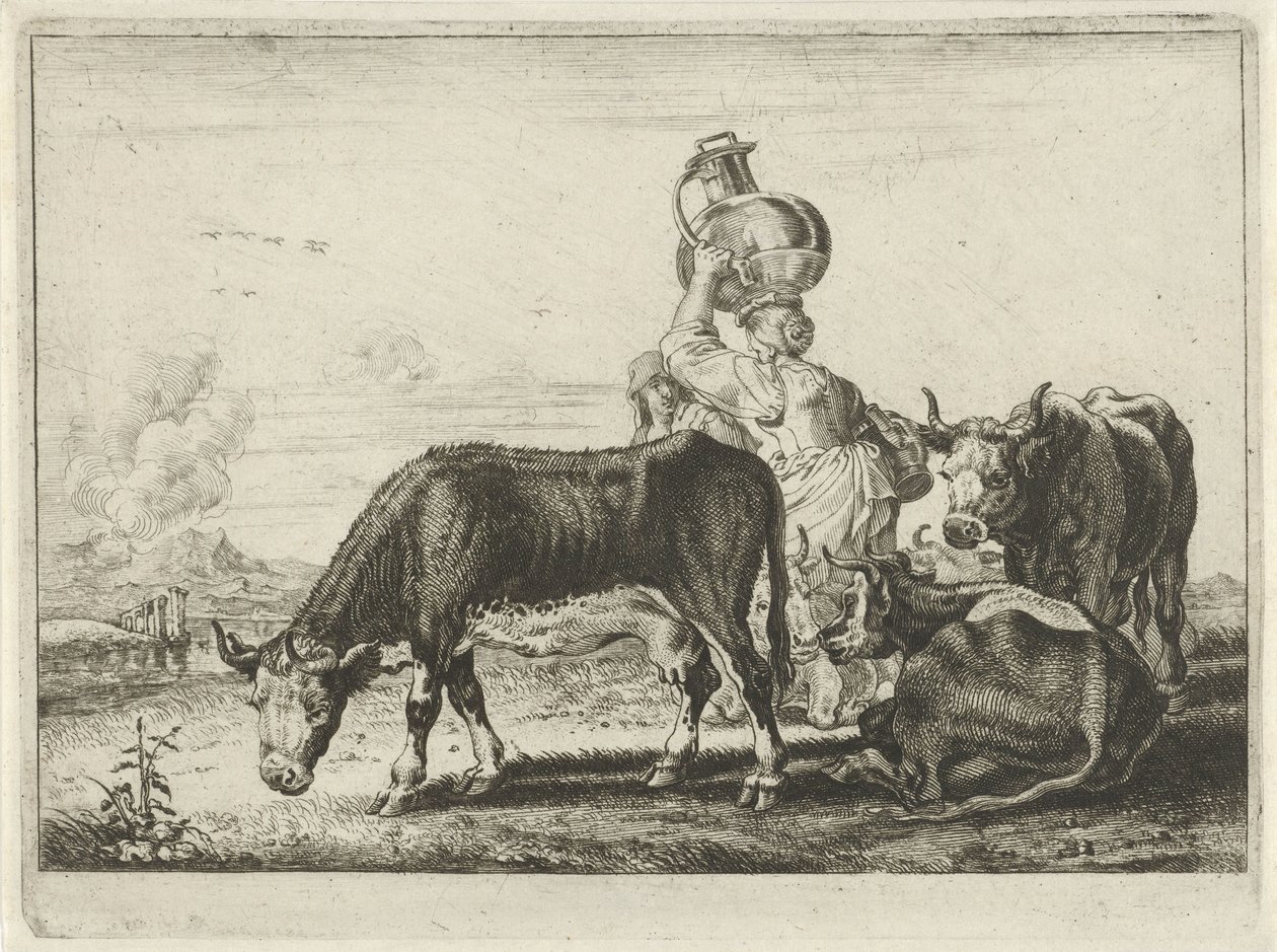 Vacas e duas leiteiras de Théodorus van Kessel