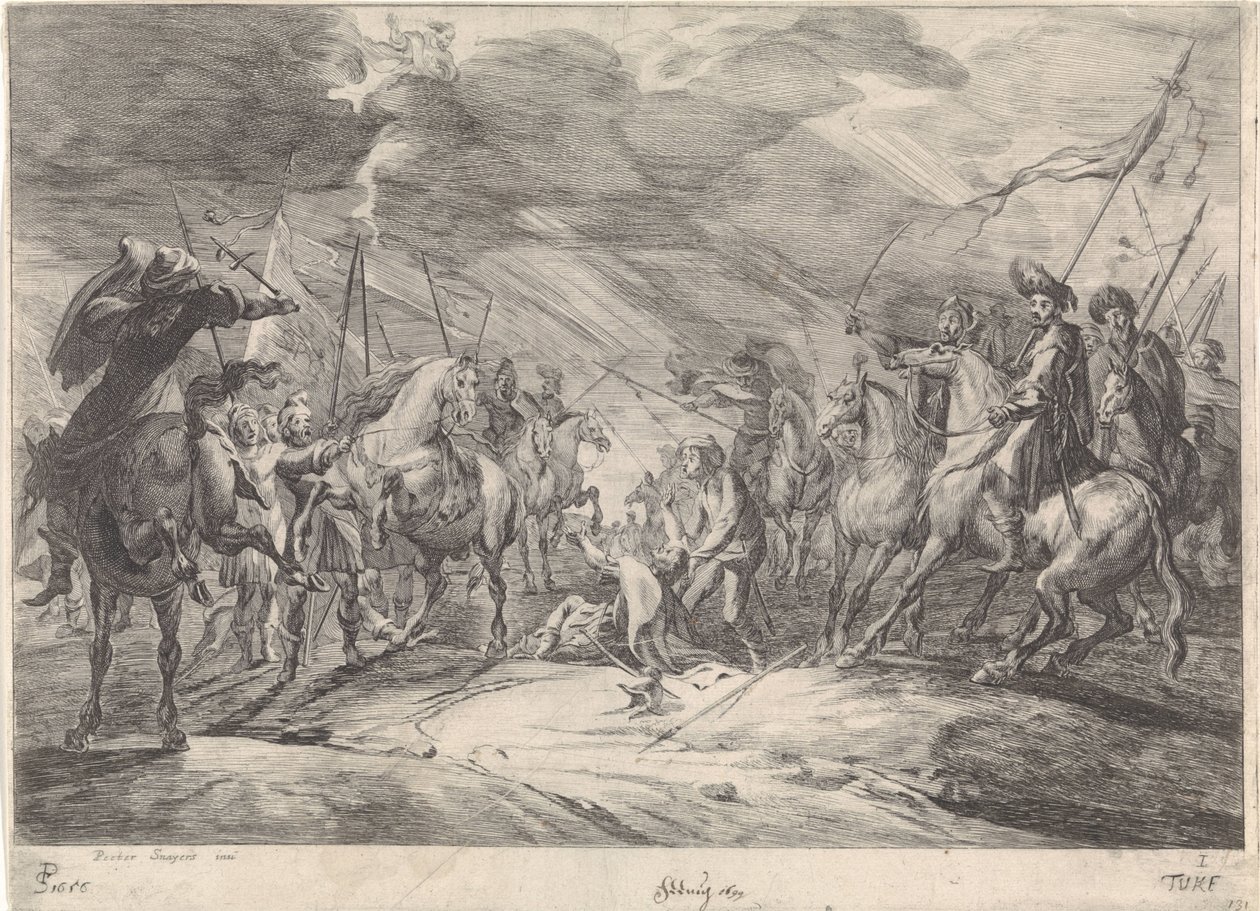Cena do campo de batalha Combate de Cavalaria (título da série) de Théodorus van Kessel