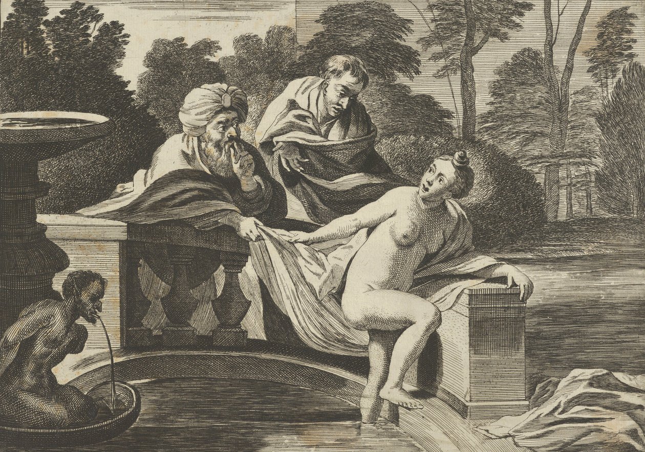 Susanna, parcialmente nua e saindo de uma fonte com dois anciãos à esquerda, um o..., ca. 1656-60. de Théodorus van Kessel