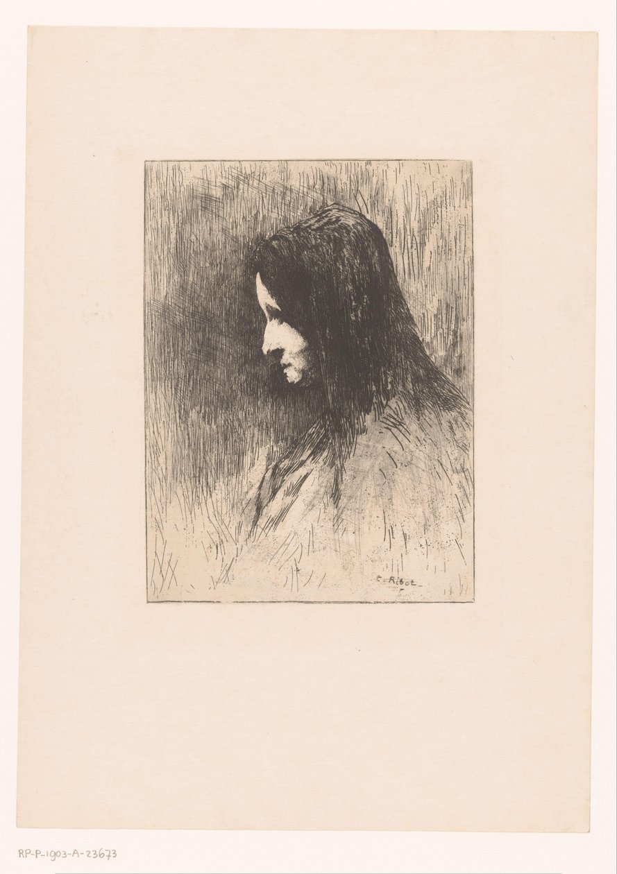 Busto de uma velha com lenço na cabeça, visto de lado de Théodule Augustin Ribot