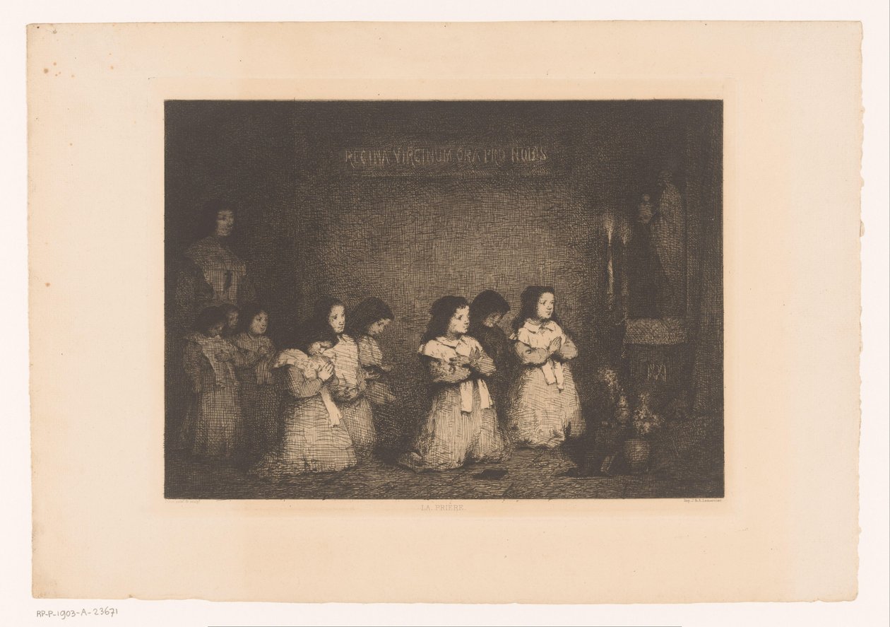 Grupo de meninas em oração em frente a uma estátua de Maria La Priere (título no objeto) Eaux-Fortes Modernes: Originales et Inédites (título da série) de Théodule Augustin Ribot