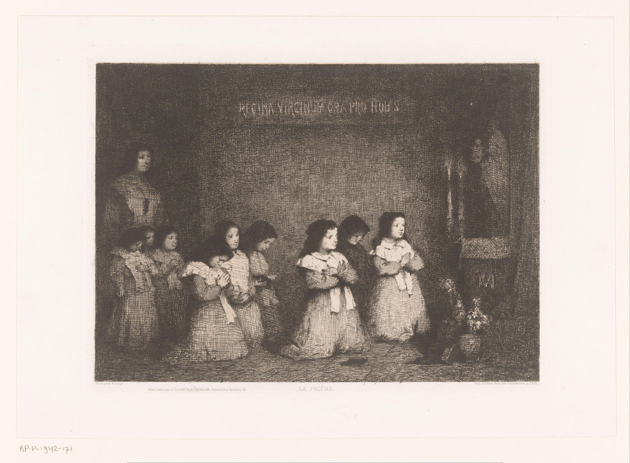 Grupo de raparigas em oração em frente de uma estátua da Virgem Maria
La Prière (título sobre o objecto)
Eaux-Fortes Modernes: Originales et Inédites (título da série) de Théodule Augustin Ribot