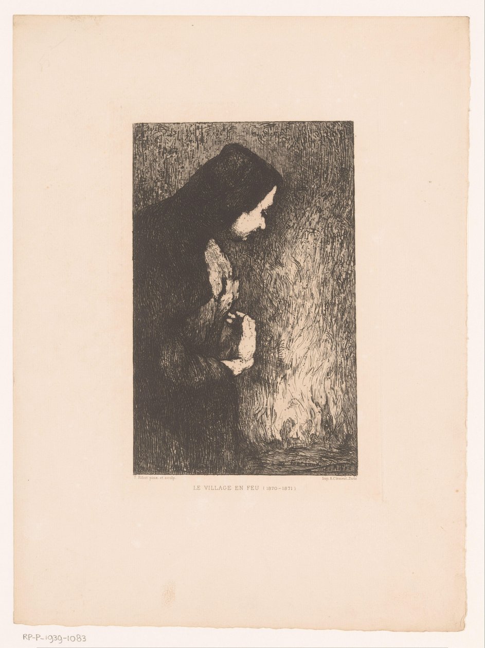 Mulher de pé a olhar para a aldeia em chamas em fundo
Le Village en Feu (título sobre o objecto) de Théodule Augustin Ribot