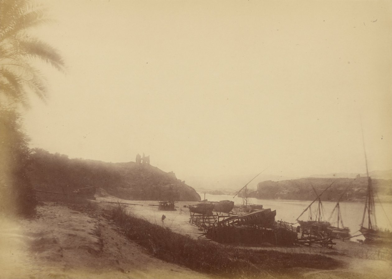 Vista do Nilo com barcos e ruínas de Théodule Devéria