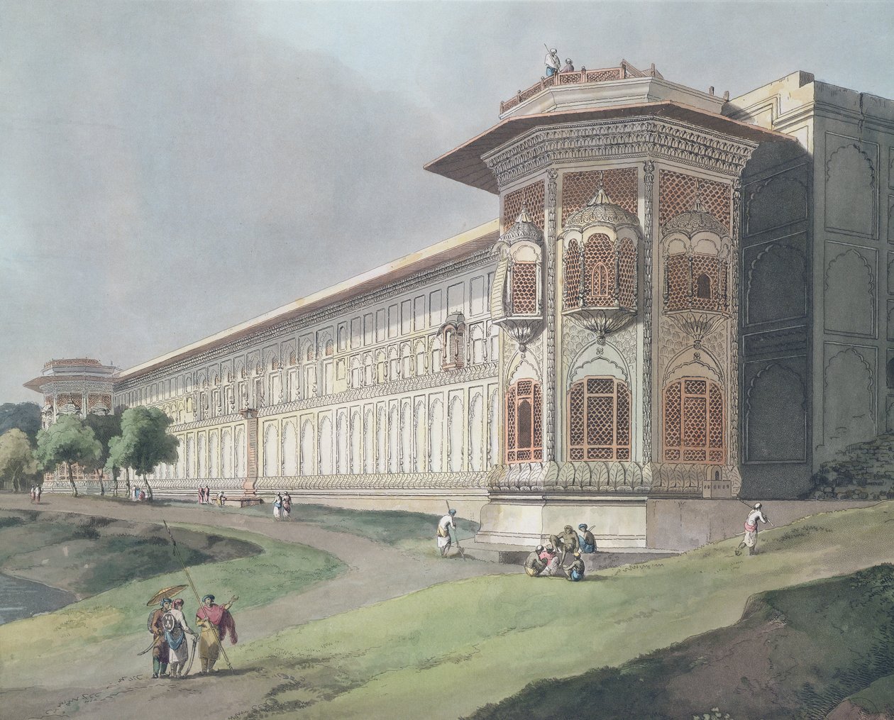 Cotsea Bhaug no rio Jumna em Delhi, placa 4 de "Cenário Oriental: vinte e quatro vistas no Hindoostan", publicado em 1795 (ver também 136027) de Thomas und William Daniell