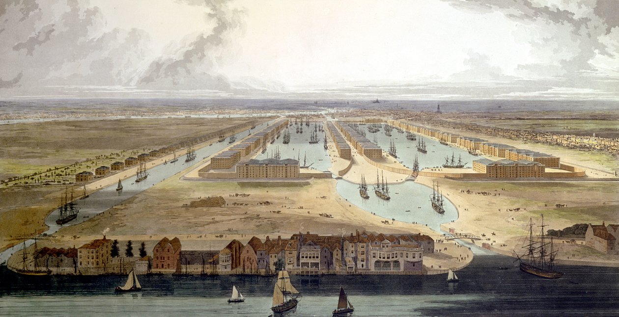 Vista elevada do novo cais e armazéns, 1802 de Thomas und William Daniell