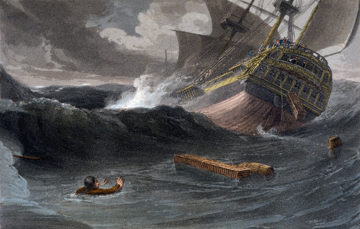 Incidente na viagem da China para a Índia, de "Uma viagem pitoresca à Índia pelo caminho da China", 1810 de Thomas und William Daniell