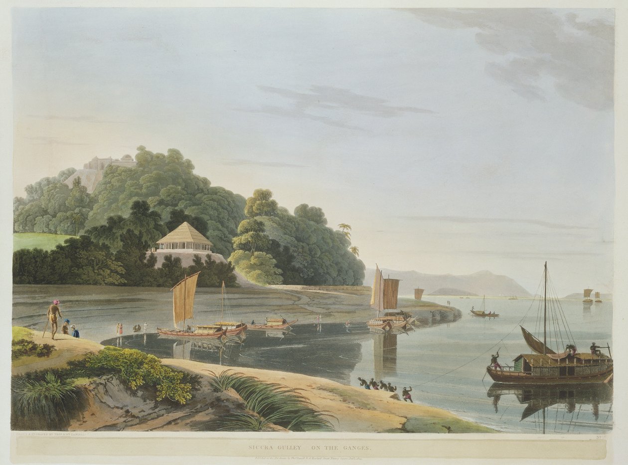 Siccra Gully no Ganges, prato IX da Parte 6 do &39;Oriental Cenário&39;, pub. 1804 (aquatinta) de Thomas und William Daniell