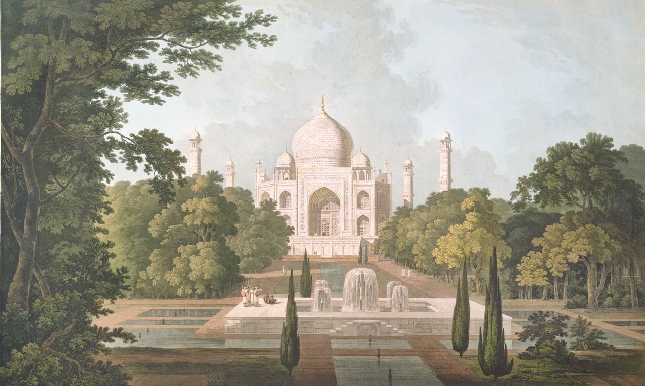 O Taj Mahal, Agra, do Jardim, publicou 1801 de Thomas und William Daniell
