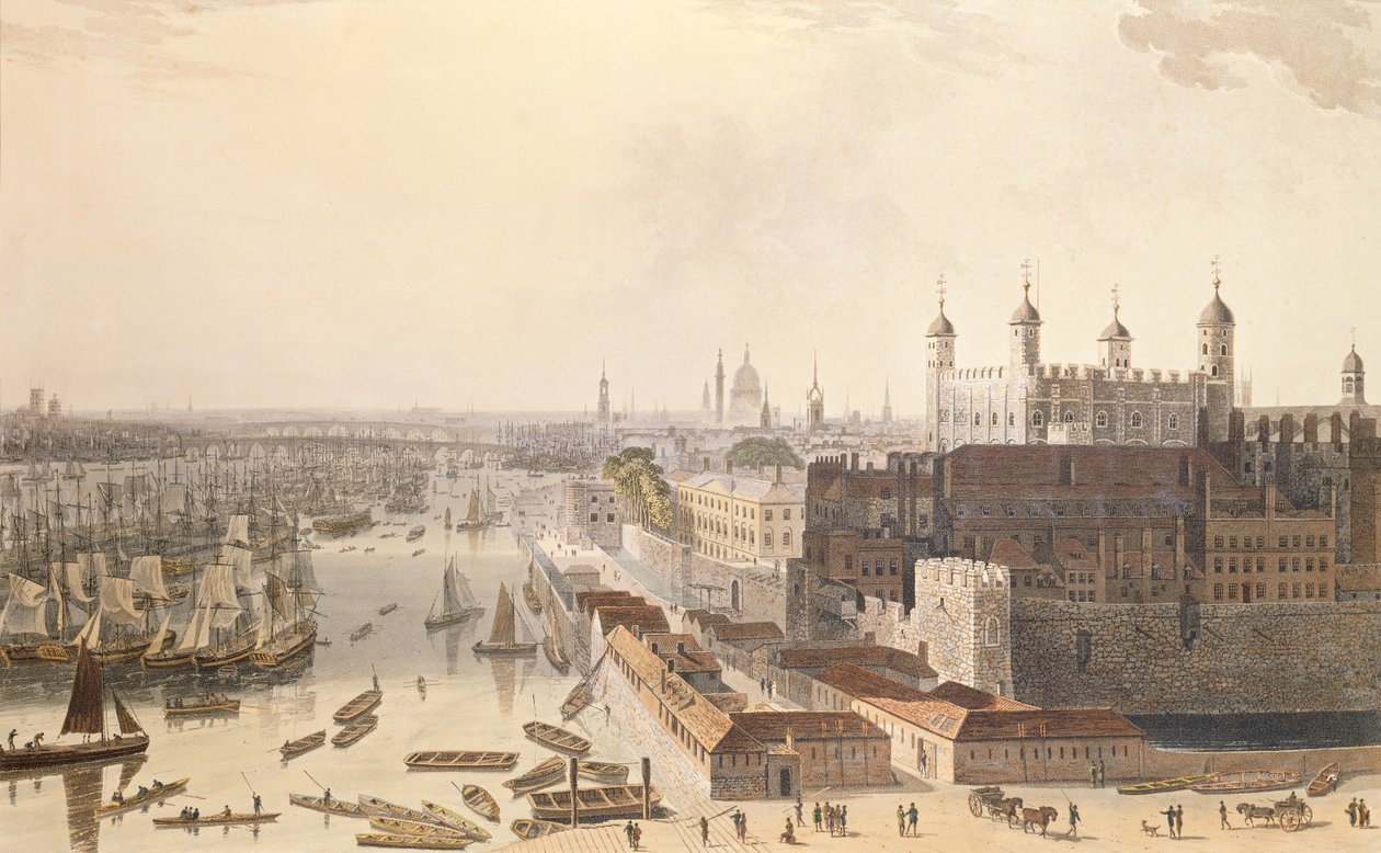 Vista, de, a, londres, olhar, oeste, de, st, katherine&39;s, maneira, 1804, (color, aquatint) de Thomas und William Daniell