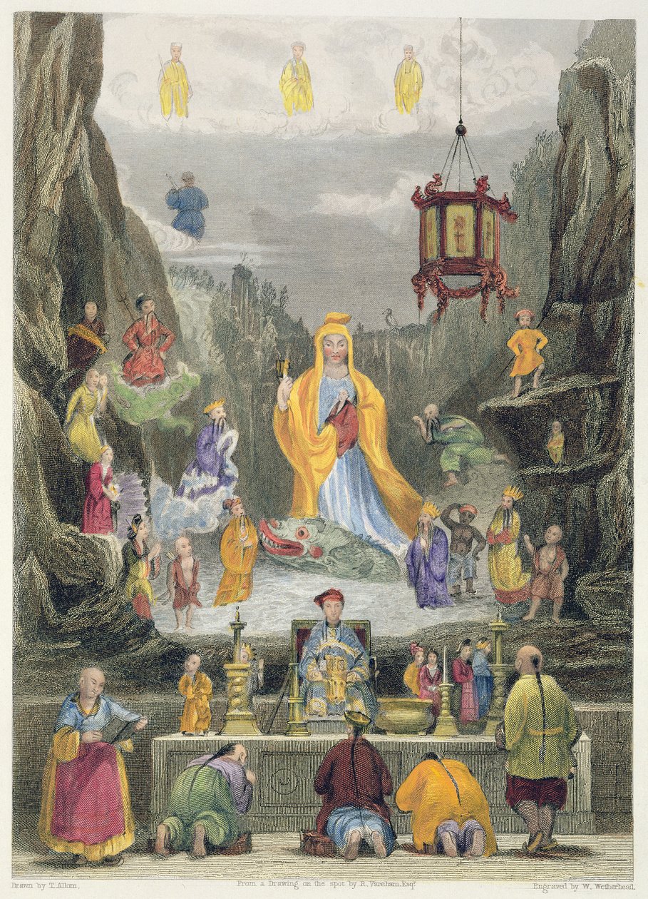 Peça de altar no templo &39;Yun Stzoo Stzee&39;, Ting-Hai, gravado por W. Wetherhead de Thomas Allom
