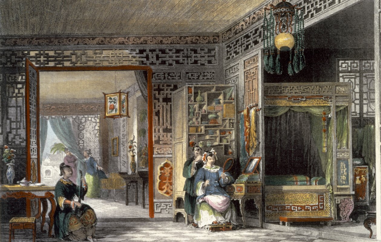 Boudoir e cama-câmara de uma senhora do grau, de &39;China em uma série de pontos de vista&39; por George Newenham Wright (c.1790-1877) 1843 de Thomas Allom
