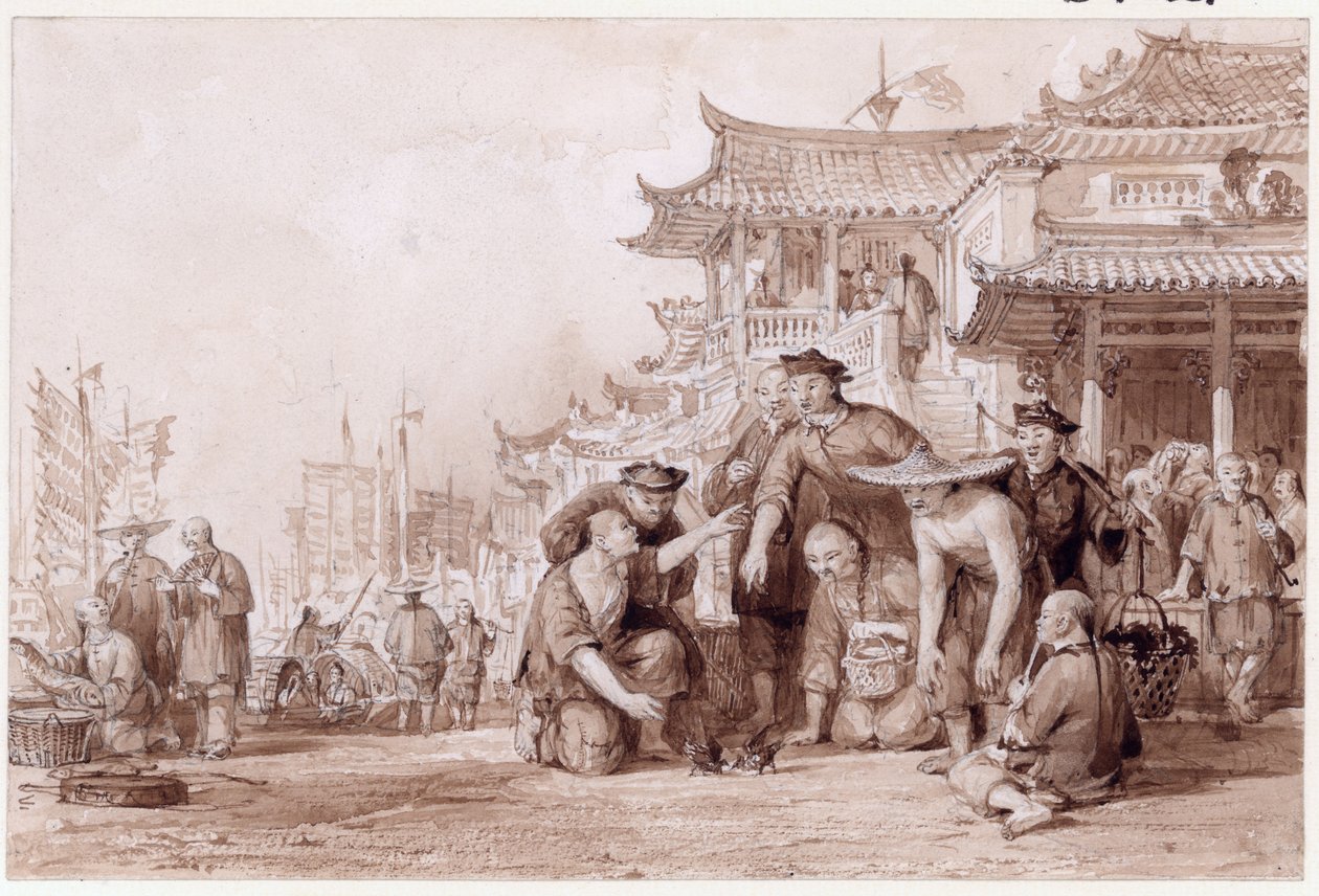 Canton Bargemen Fighting Quails, 1843 (tinta e lápis sobre papel) de Thomas Allom