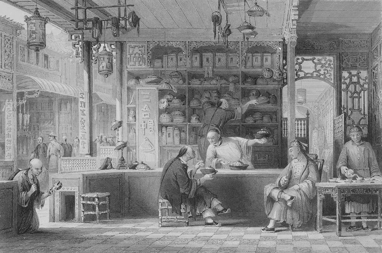 Loja do vendedor do tampão, cantão, de &39;China em uma série de vistas&39; por George Newenham Wright, 1843 de Thomas Allom