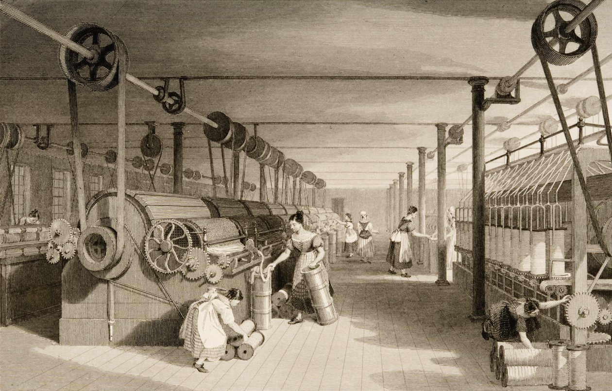 Cardagem, Desenho e Roving, Chão de fábrica de algodão, gravado por James Tingle (fl.1830-60) c.1830 de Thomas Allom