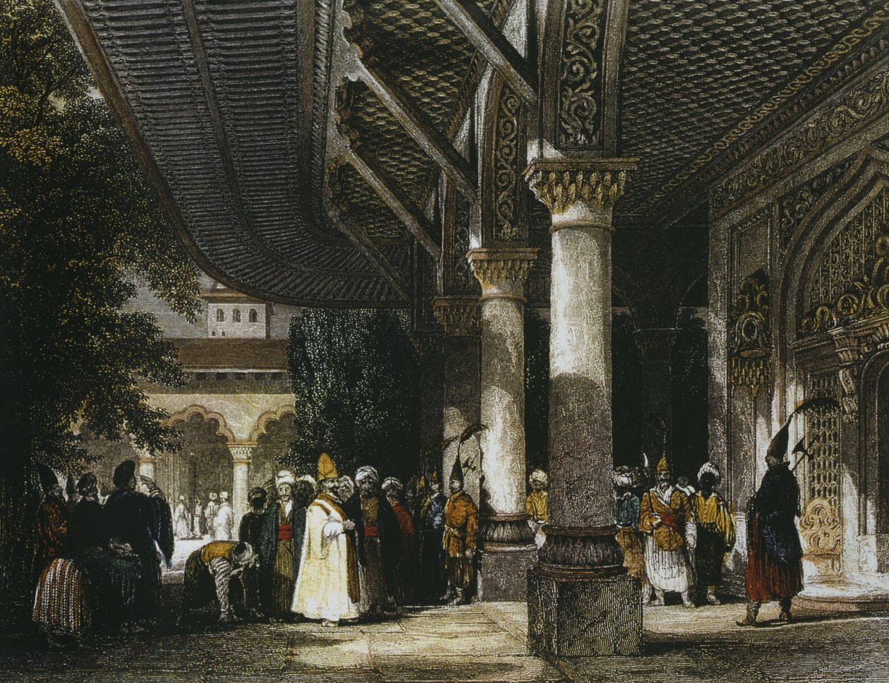 Interior do Palácio de Topkapi com portão da Felicidade (Bab-i-Saadet) Istambul, 1839 (gravura a cores) de Thomas Allom