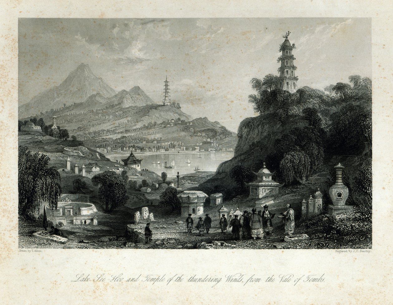 Lago See-Hoo e o Templo dos Ventos Trovejantes, do Vale dos Túmulos, gravado por JC Bentley, 1843 (gravura em aço) de Thomas Allom