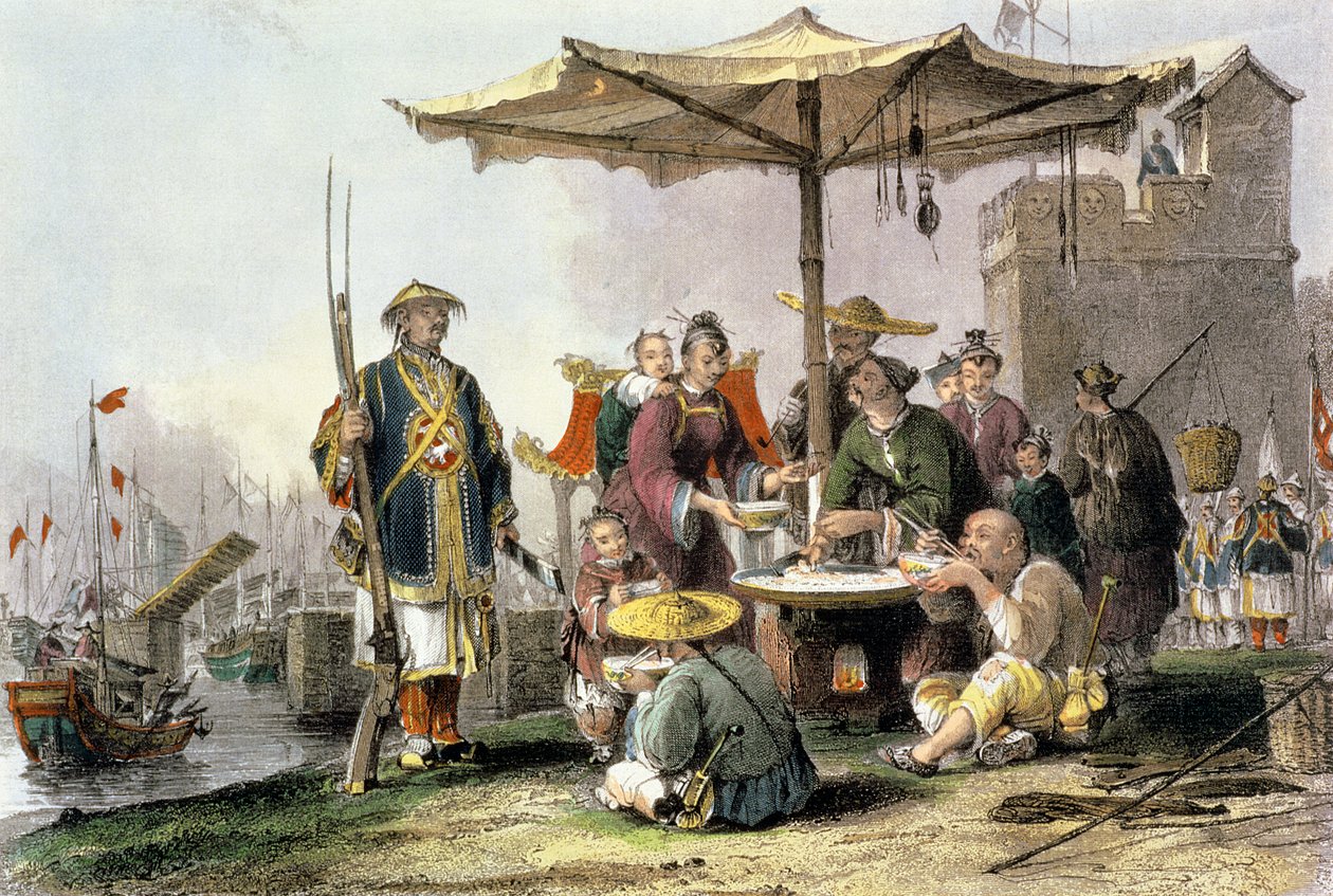 Vendedores de arroz na estação militar de Tong-Chang-Too, de &39;China em uma série de vistas&39; por George Newenham Wright (c.1790-1877) 1843 de Thomas Allom