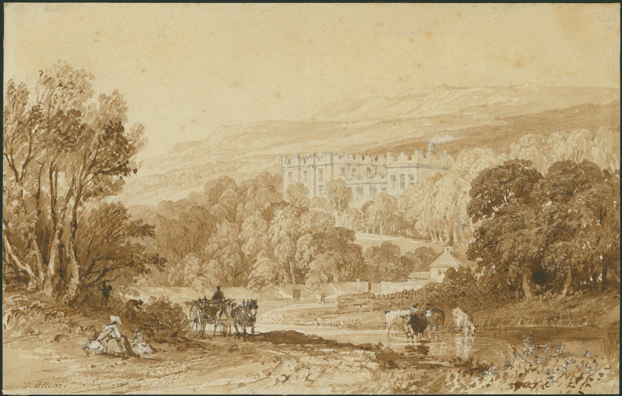 Stanhope Castle, Durham (lápis e lavagem em papel de parede) de Thomas Allom