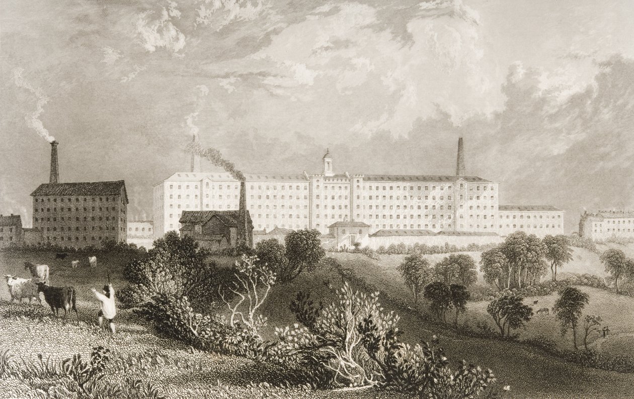 Swainson Birley und Co. fábrica perto de Preston, Lancashire, gravada por James Tingle (fl.1830-60) c.1833 de Thomas Allom