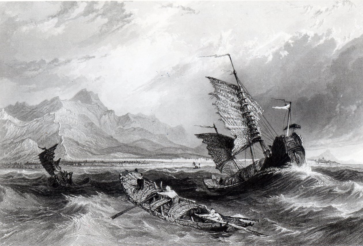Rescisão da Grande Muralha da China, Golfo de Pecheli, da "China em uma série de visões" de George Newenham Wright, gravada por James Baylis Allen, 1843 de Thomas Allom