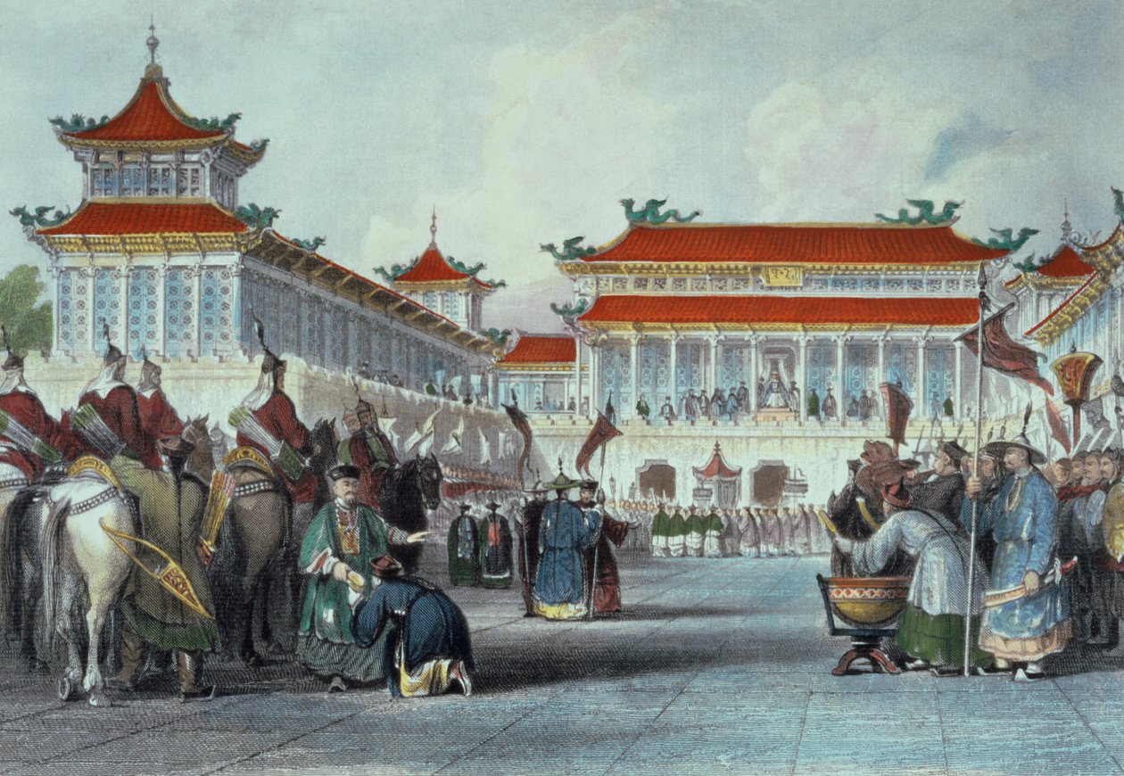 O Imperador Teaon-Kwang Revendo Seus Guardas, Palácio de Pequim, da "China em uma Série de Vistas" por George Newenham Wright (c.1790-1877) 1843 de Thomas Allom