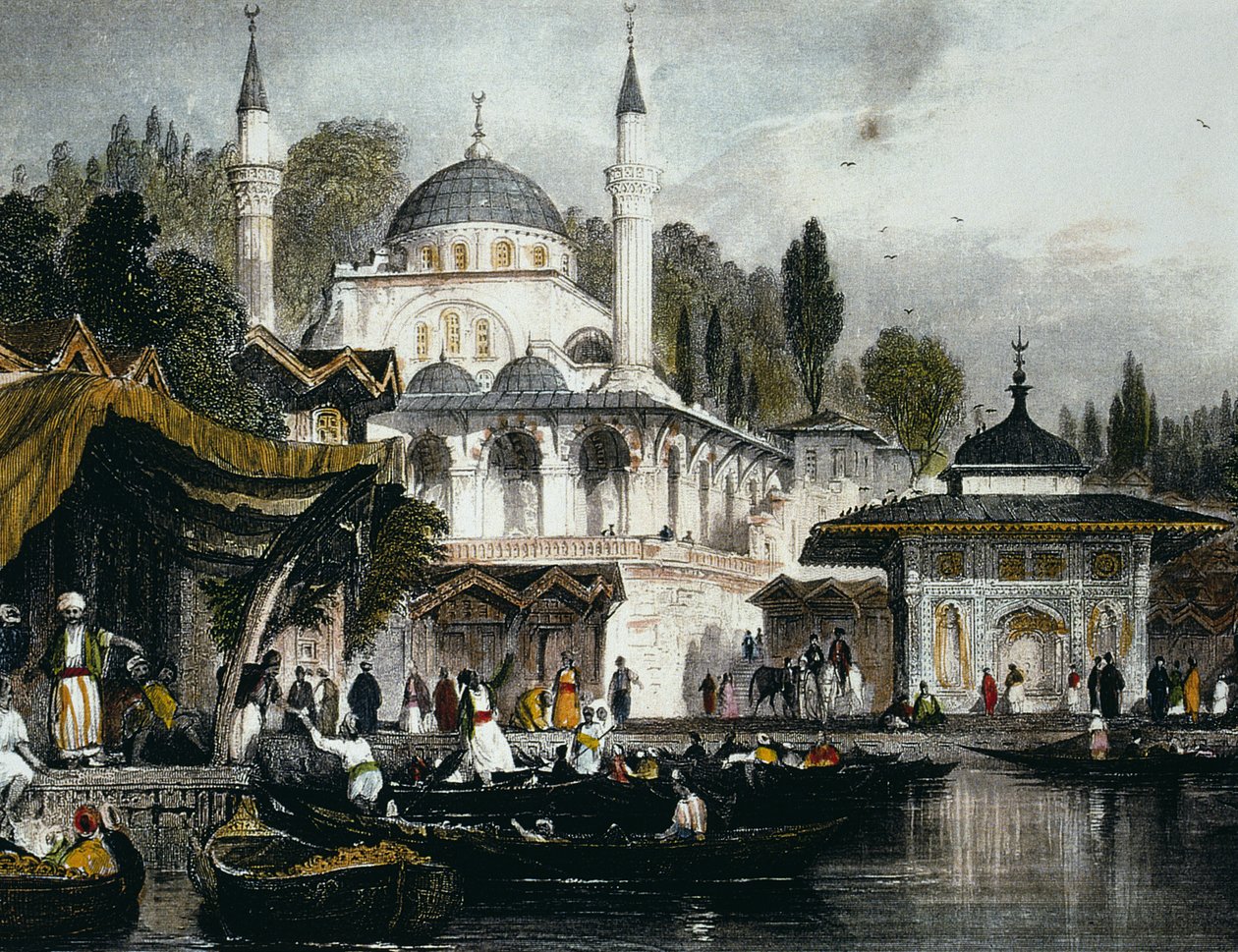 A mesquita Mihrimah Sultan em Uskudar, na costa da Anatólia do Bósforo, de frente para Istambul, 1839 (gravura a cores) de Thomas Allom