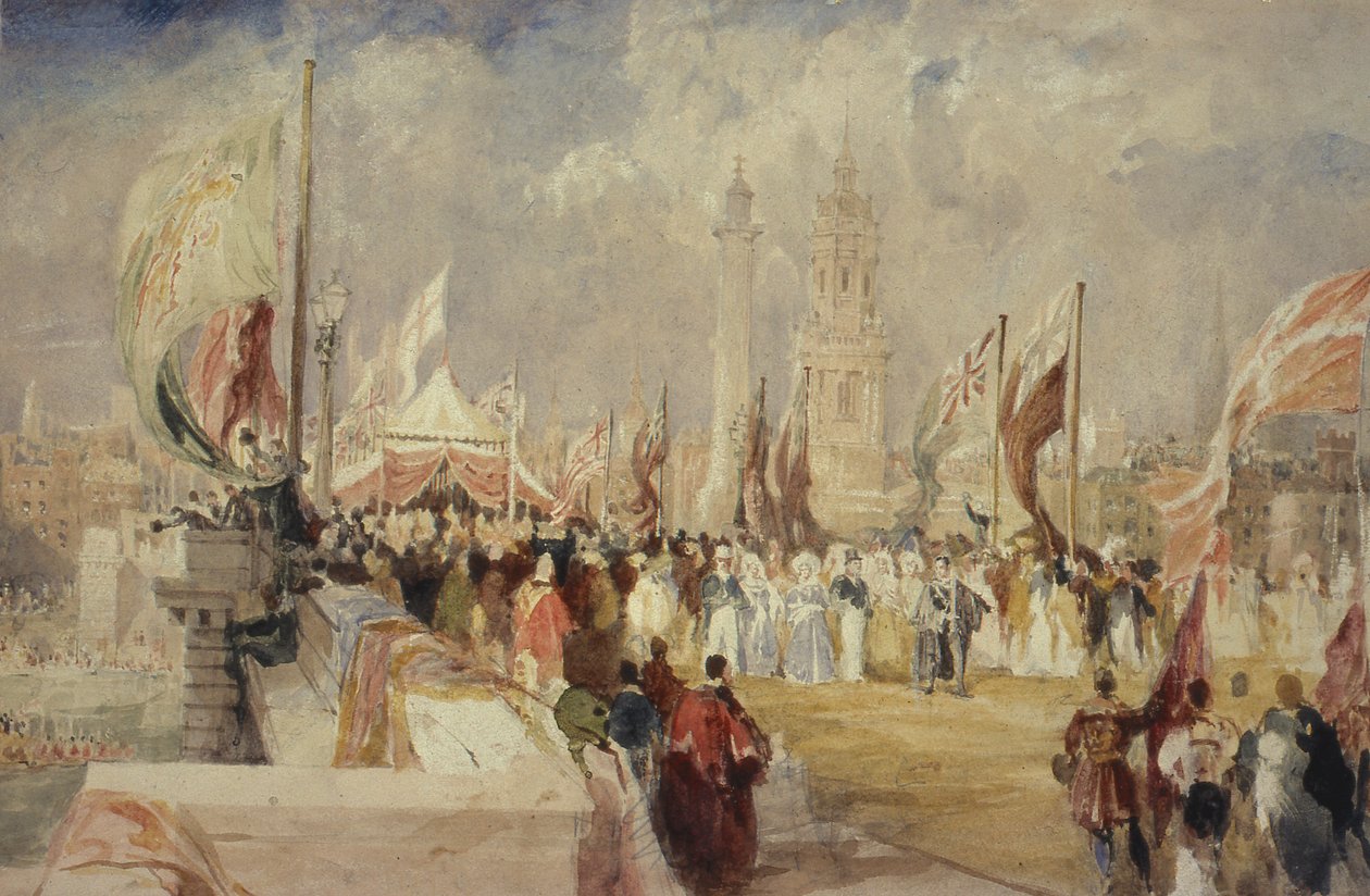 A abertura da ponte de Londres pelo rei William IV e pela rainha Adelaide em 1º de agosto de 1831 de Thomas Allom