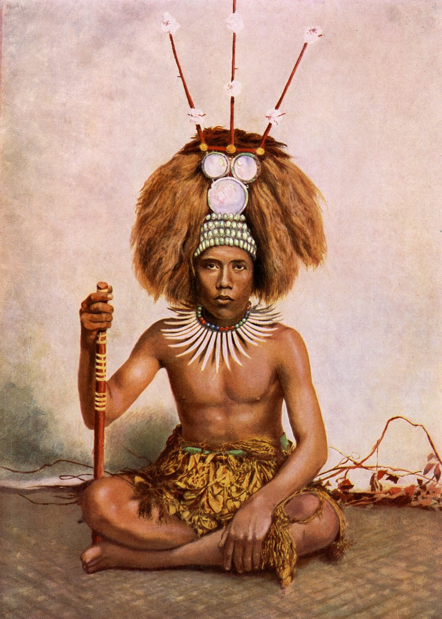 Em Manaia, o filho de um chefe de Samoa (Matai) usando um vestido de cabeça tuiga, 1890-1910 de Thomas Andrew