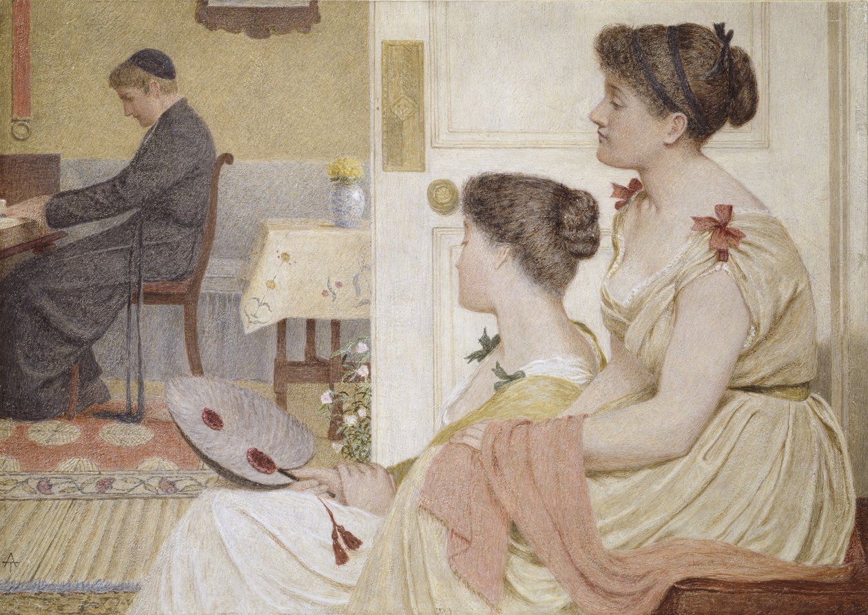 Cena da sala de desenho com um jovem sacerdote no piano (pastéis e óleos) de Thomas Armstrong