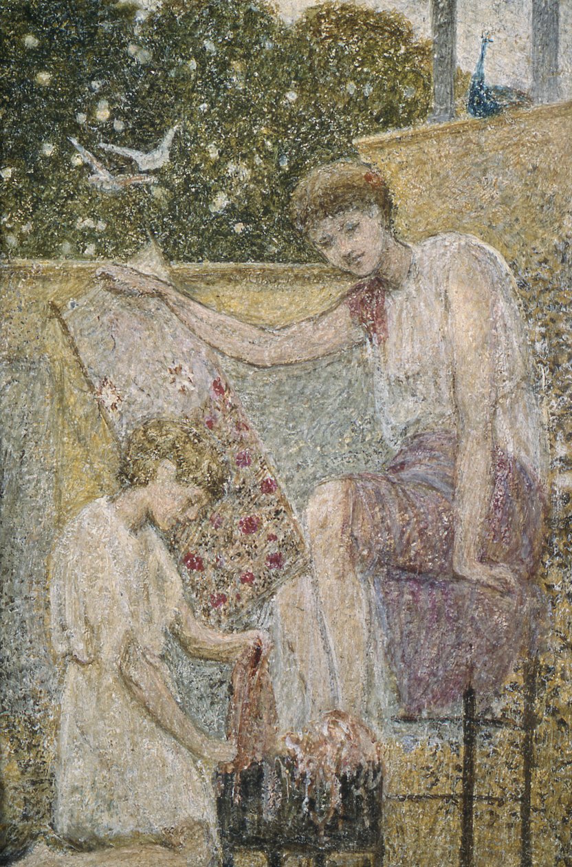 Menina segurando o bordado. Um dos três esboços para a decoração do Bank Hall, perto de Chapel-on-le-Frith, Derbyshire. de Thomas Armstrong
