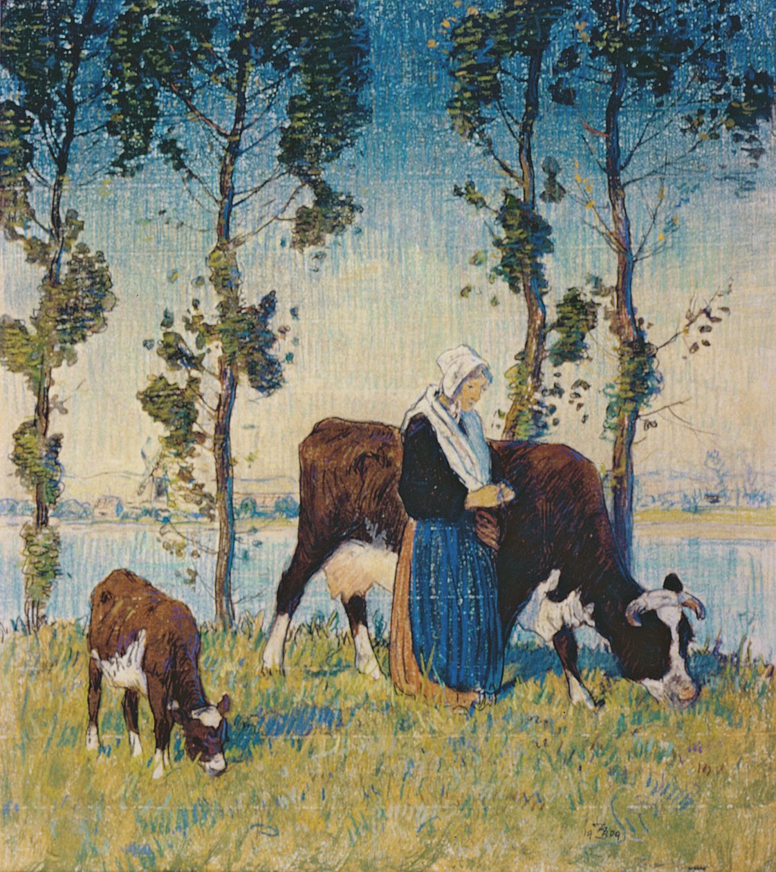 Mulher com uma vaca e bezerro (pastel) de Thomas Austen Brown