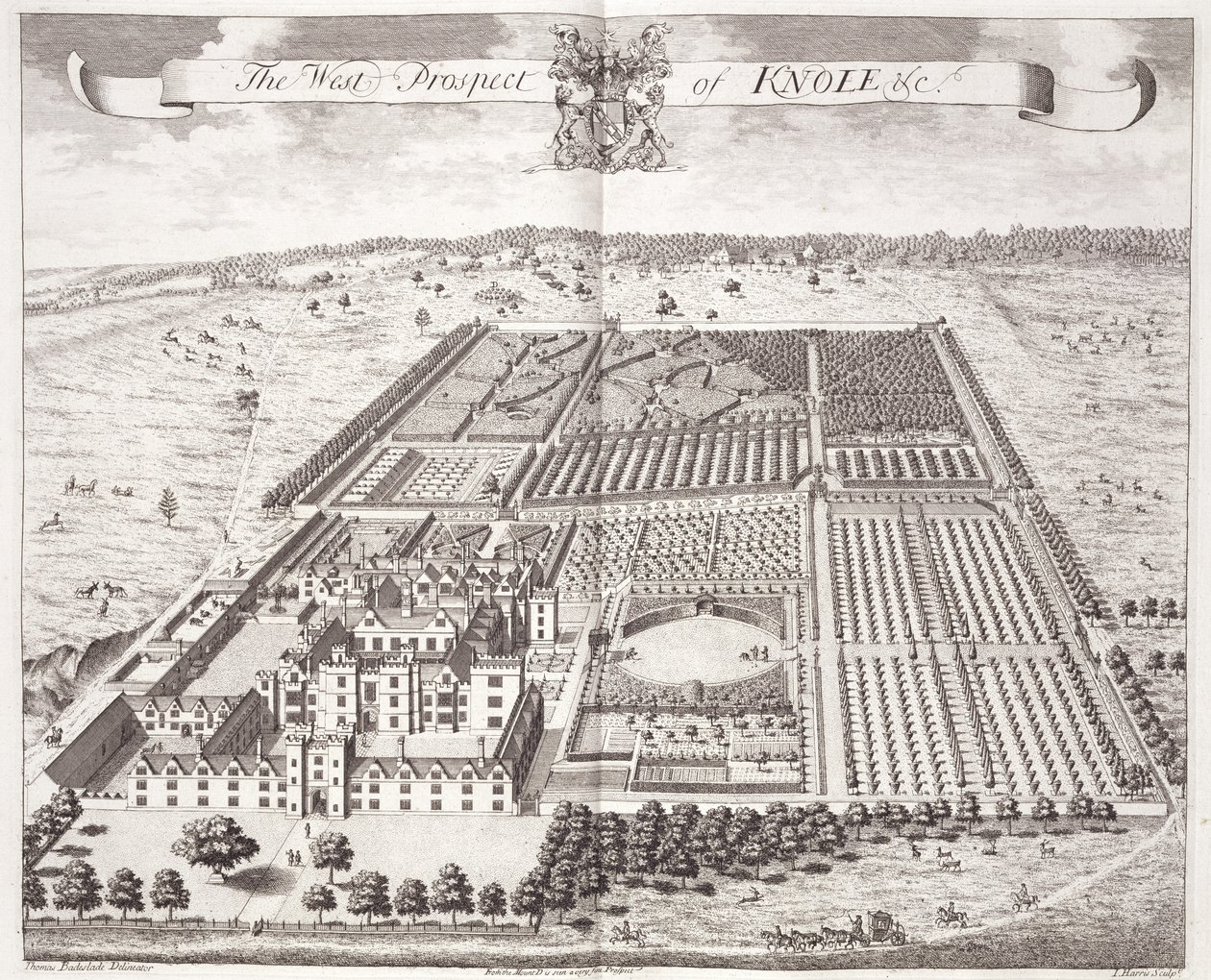 A perspectiva ocidental de Knole, de "Trinta e seis visões diferentes dos assentos de nobres e cavalheiros, no condado de Kent", gravada por I. Kip, c.1750 de Thomas Badeslade