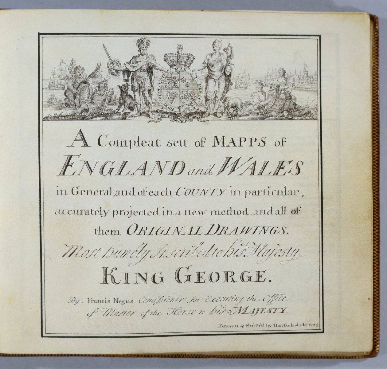 Página de rosto de um conjunto completo de mapas da Inglaterra e do País de Gales em geral ..., 1724 (caneta e tinta e wc no papel) de Thomas Badeslade