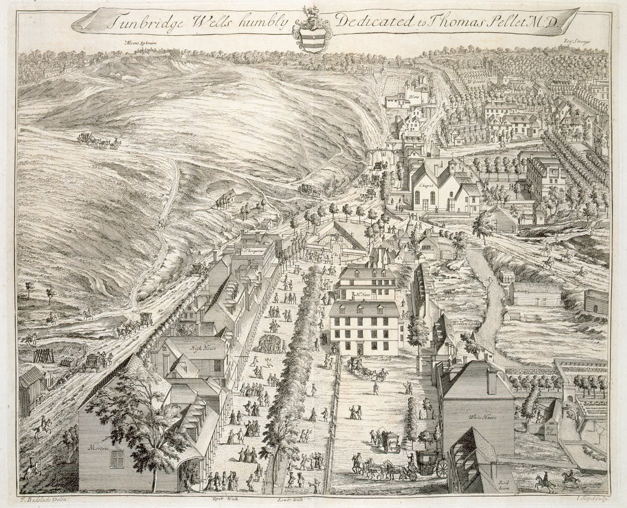 Tunbridge Wells, de "Trinta e Seis Diferentes Visões dos Nobres e Senhores de Assentos, no Condado de Kent", de Thomas Badeslade (1718-50), gravado por Johannes Kip (c.1652-1722), publicado em c.1750 (pt de Thomas Badeslade