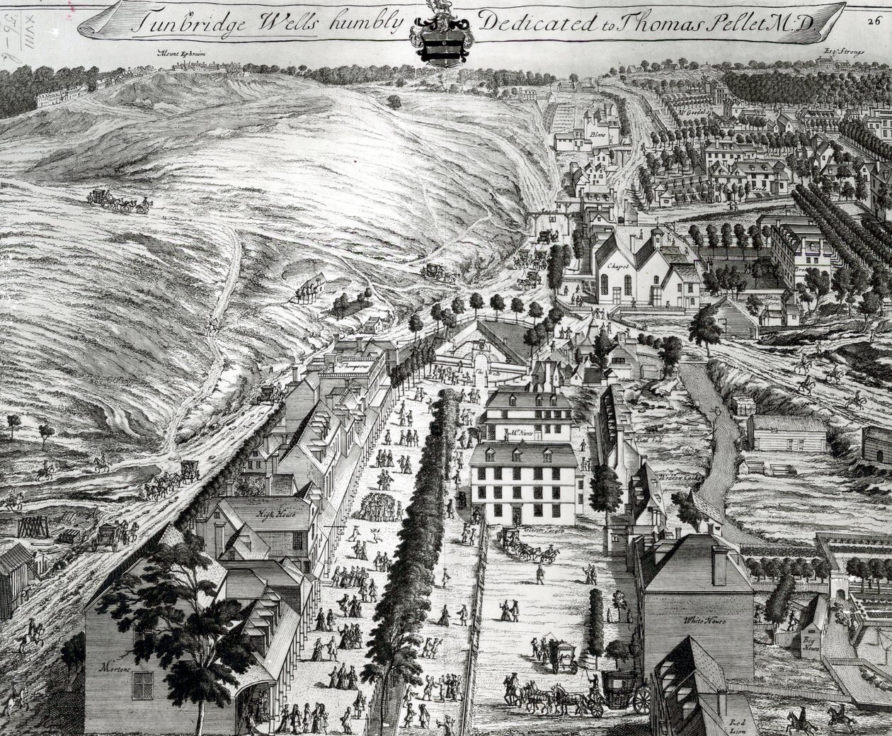 Tunbridge Wells, de "Trinta e Seis Diferentes Visões dos Nobres e Senhores de Assentos, no Condado de Kent", de Thomas Badeslade (1718-50), gravado por Johannes Kip (c.1652-1722), publicado em c.1750 (pt de Thomas Badeslade