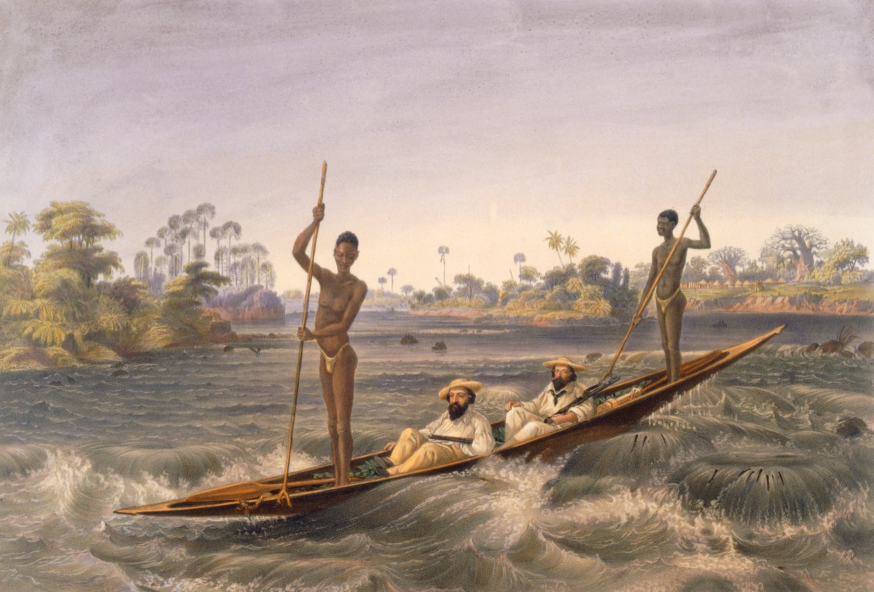 Zanjueelah, o barqueiro das corredeiras, do "The Victoria Falls, rio Zambesi", pub. 1865 de Thomas Baines