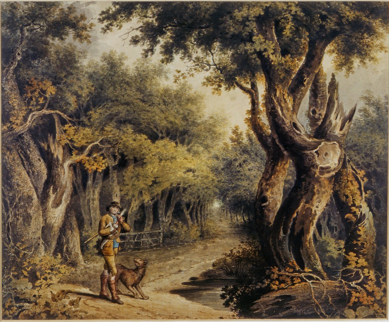 Cena de floresta com lenhador e cachorro de Thomas Barker of Bath