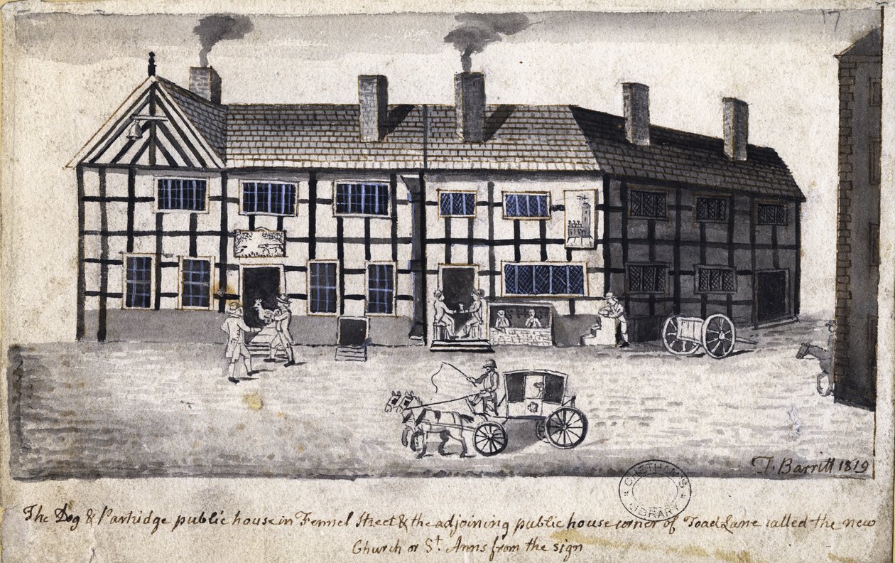 O cão e perdiz, Manchester, 1819 (caneta e tinta no papel) de Thomas Barritt