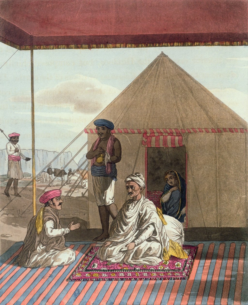 A Mahratta Pandit e sua família, de &39;A Mahratta Camp&39;, 5 de abril de 1813 (gravura a cores) de Thomas Baxter