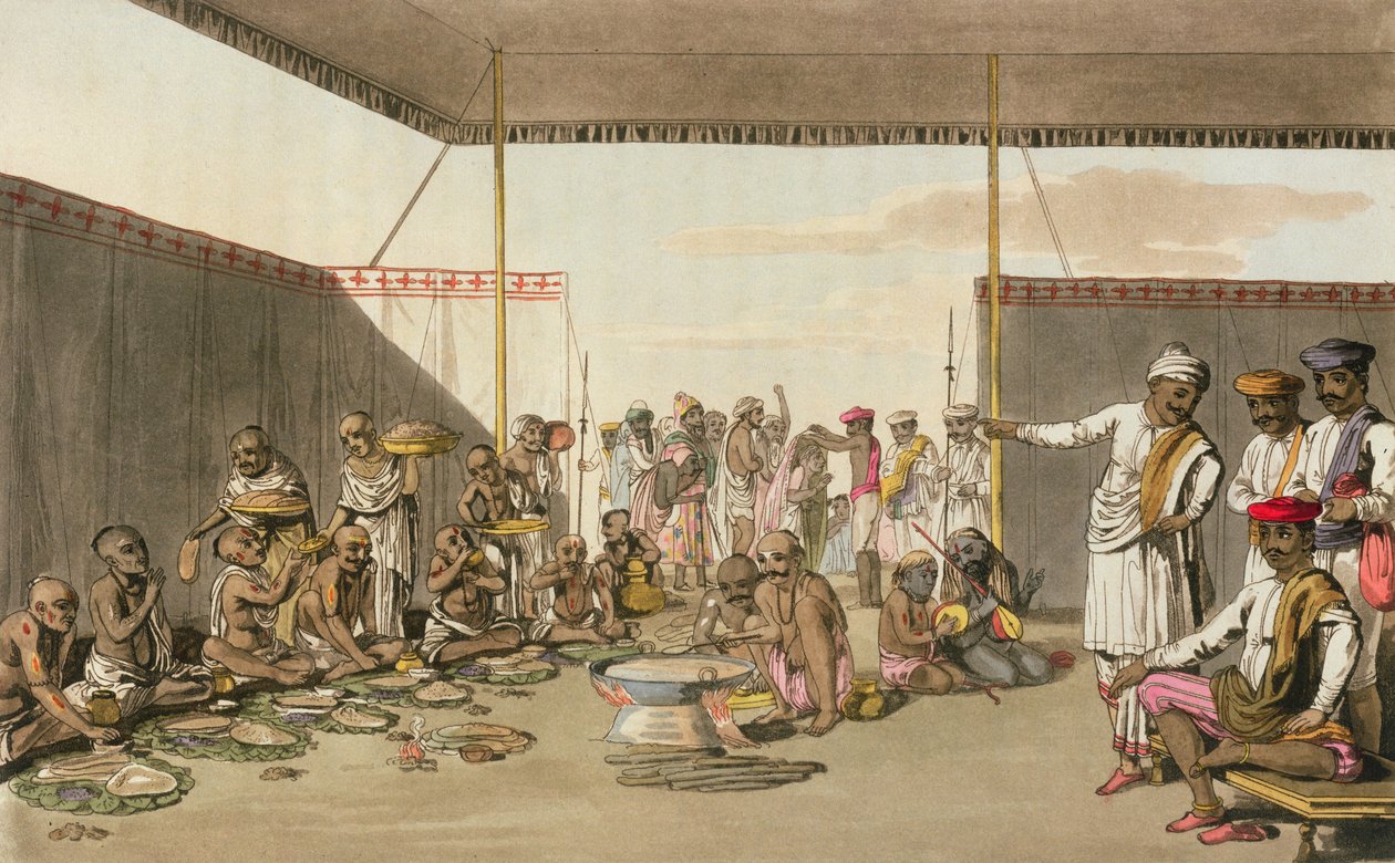 A Marratta Surdar entreter Brahmuns, de &39;A Mahratta Camp&39;, 5 de abril de 1813 (gravura a cores) de Thomas Baxter